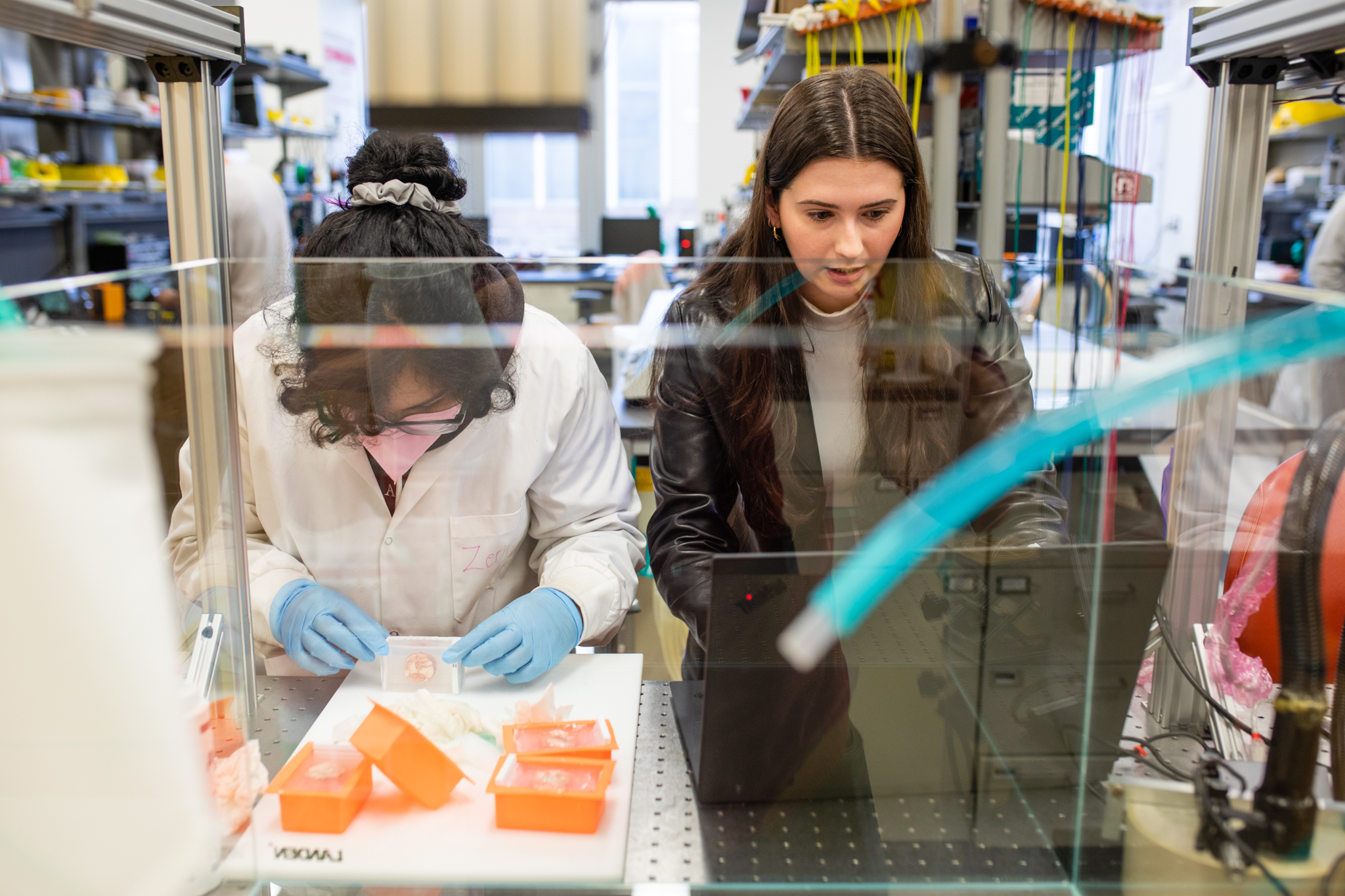 Two grad students working in a lab.