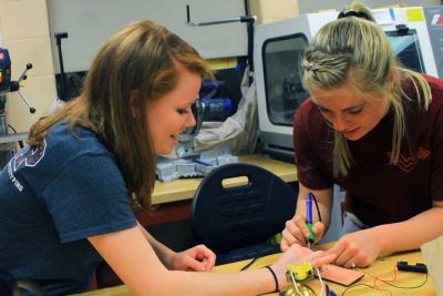 two undergrads working on a soldering
