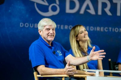 Johns Hopkins APL’s Ed Reynolds (left), DART mission project manager, and Elena Adams, DART mission systems engineer, brief reporters during a press conference after DART’s successful impact at asteroid Dimorphos on the evening of September 26, 2022.
