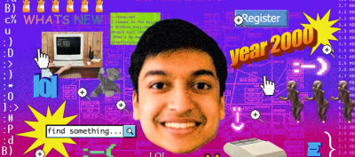 Neal Agarwal's face in front of early internet icons 