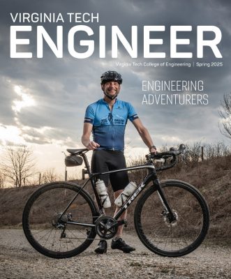 Cover of the Spring 2025 issue with a faculty member posing outside with his bike.