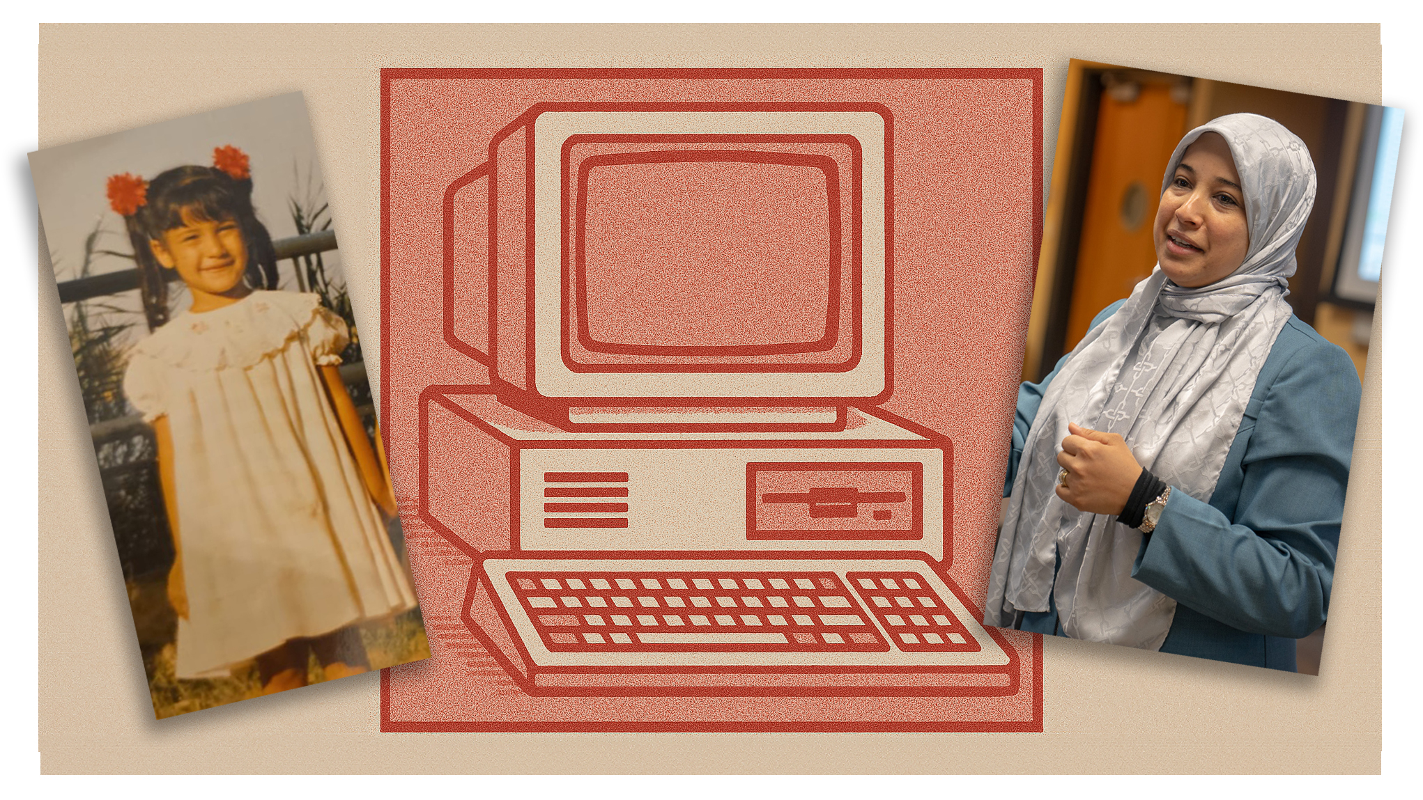 A montage of pictures of Sally Hamouda (young and older) and an illustration of her inspiration a computer.