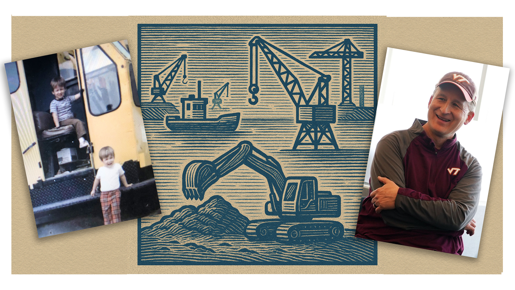 A montage of pictures of Matt Nowinski (young and older) and an illustration of his inspiration, dirt movers and other heavy machines..