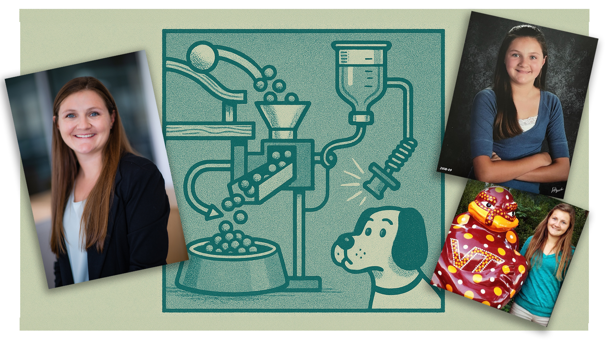 A montage of pictures of Holly Casey (young and older) and an illustration of her inspiration a Rub Goldberg machine.