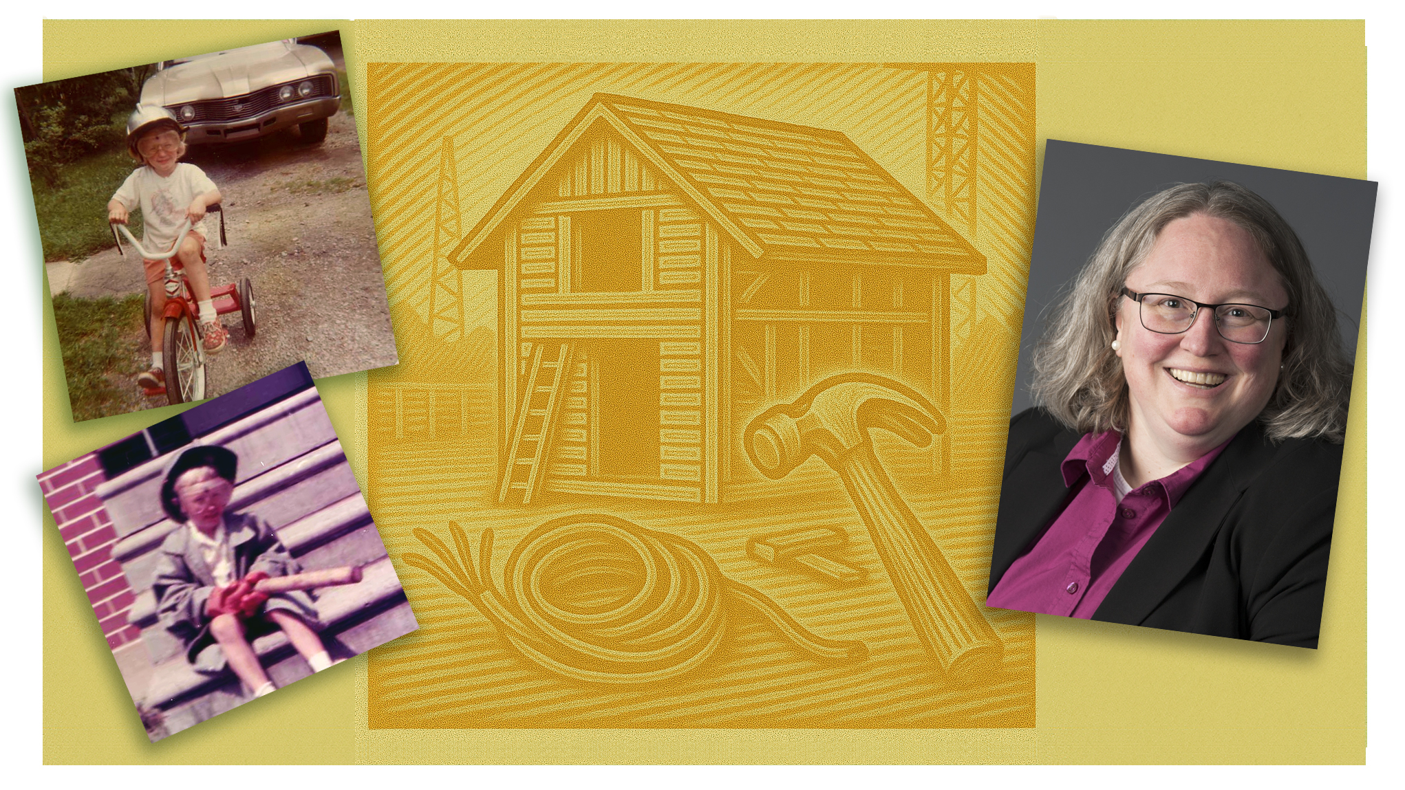 A montage of pictures of Annie Pearce (young and older) and an illustration of her inspiration, a home with construction tools.