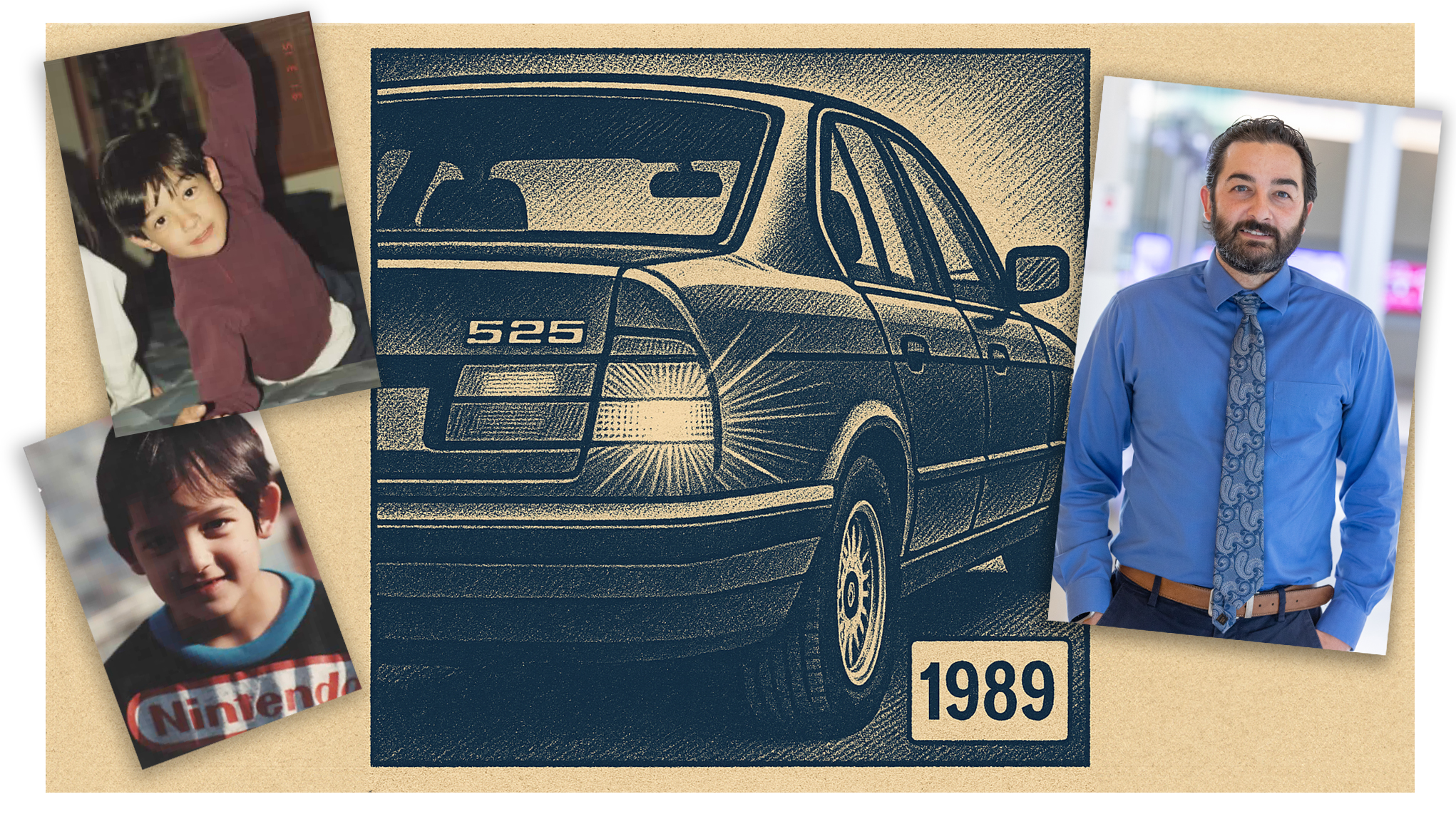 A montage of pictures of Jordan Budha (young and older) and an illustration of his inspiration a car.