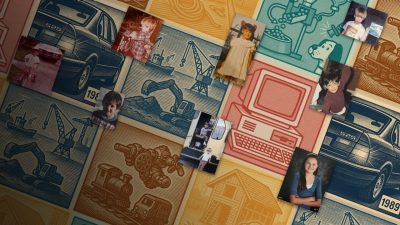 A reto colored illustration of various inspirational items and old pictures of the faculty in the story.