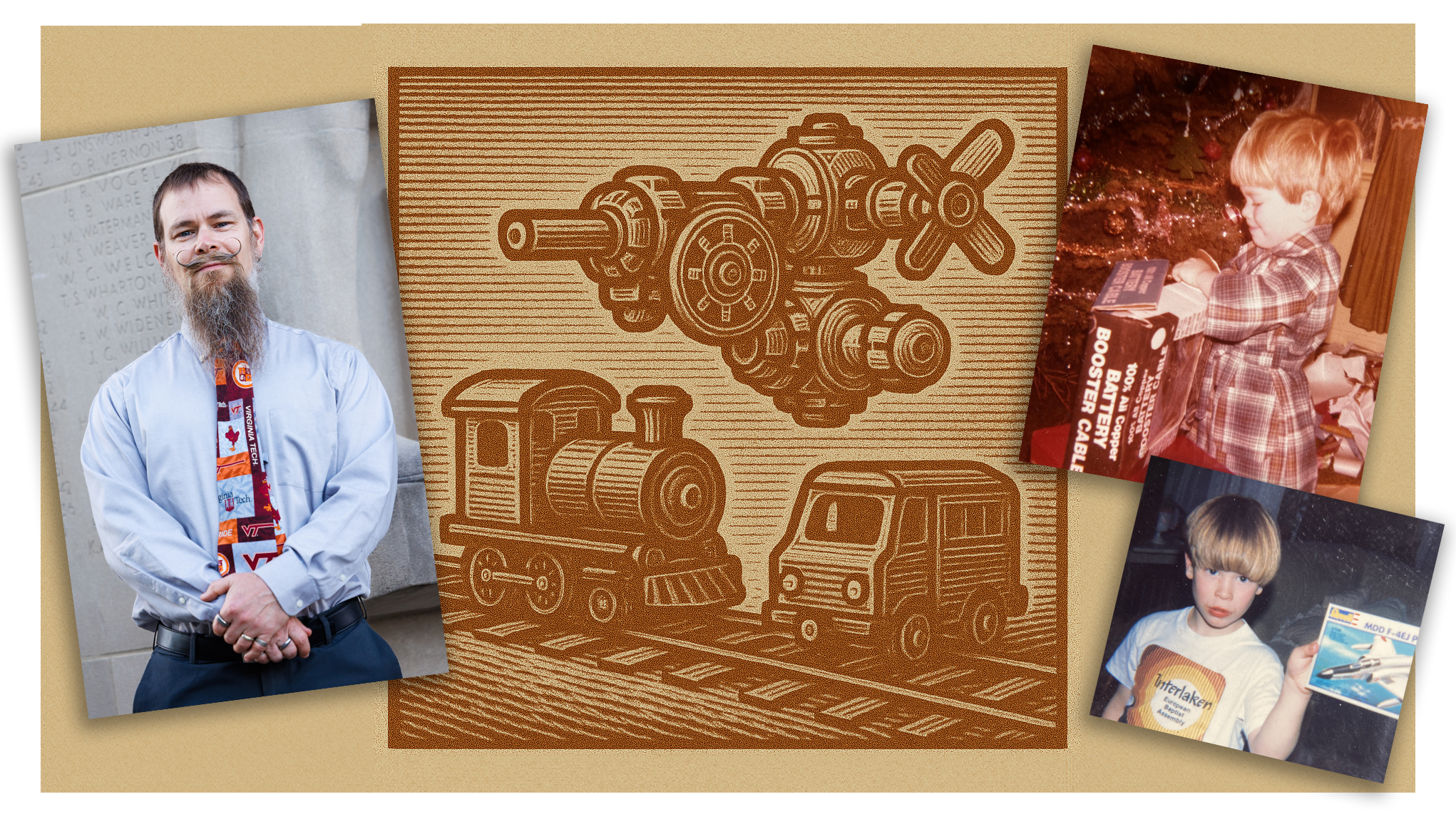 A montage of pictures of David Gray (young and older) and an illustration of his inspiration a Capsela kit.