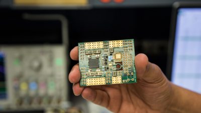 A hand holding a close-up of a circuit board in a lab space
