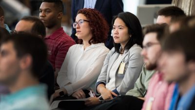 Ph.D. students listen to a presentation at Ph.D. Day at Rolls Royce's Indianapolis, Indiana campus