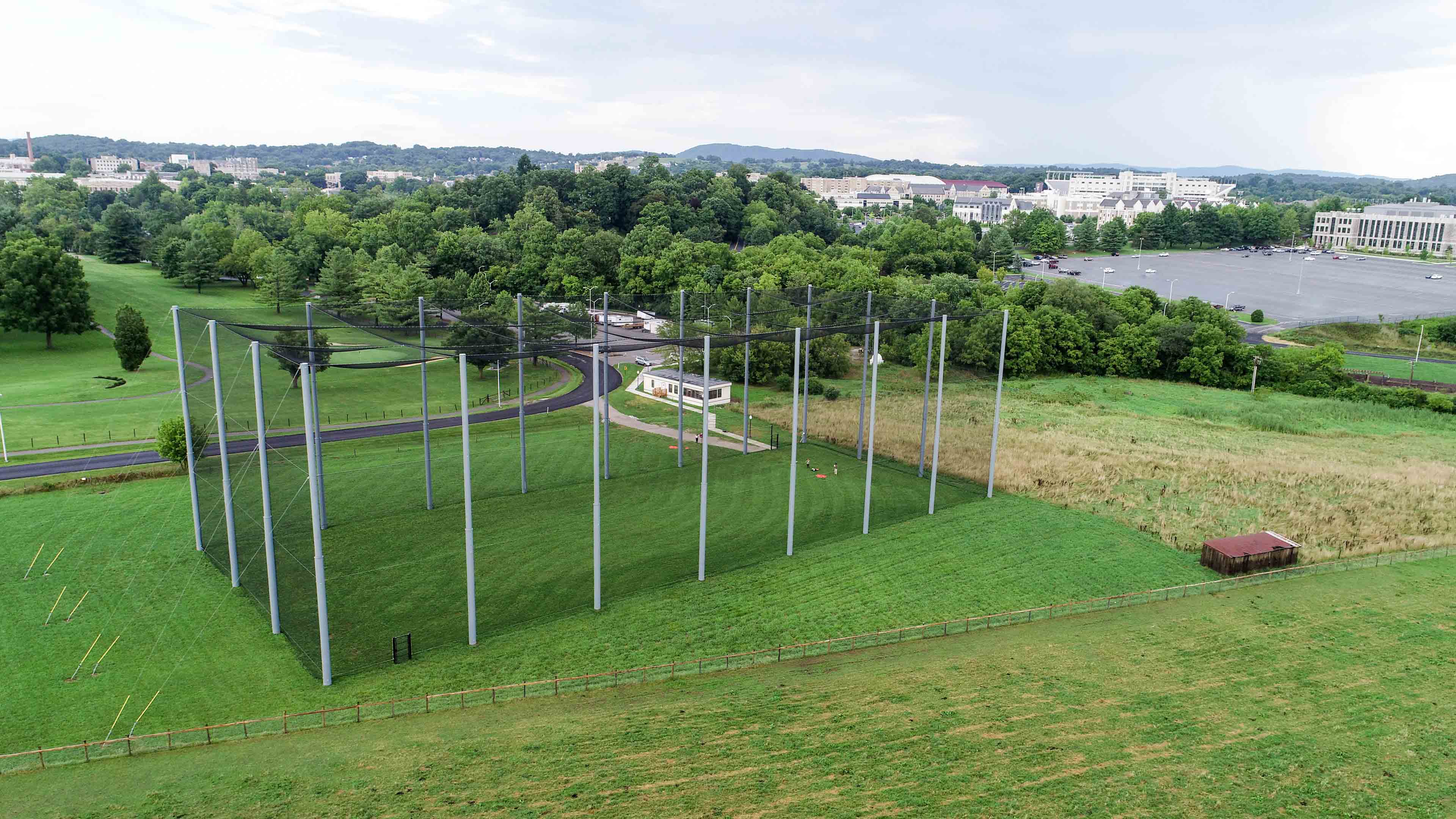 An aerial photo of the drone park with the Virginia Tech campus in the background.