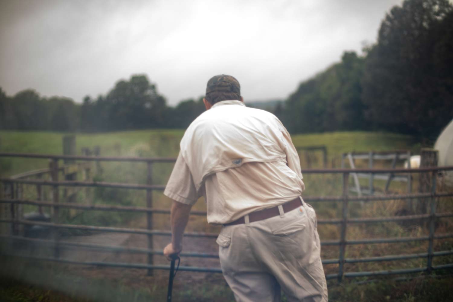 A photo taken from behind a man standing in front of a gate.