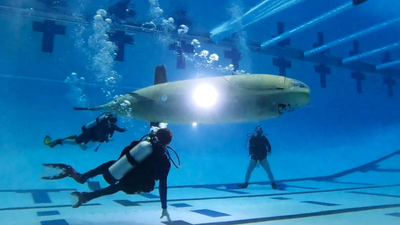 Underwater shot of the human powered sub team with the sub in a pool.