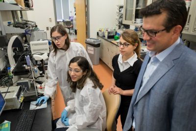Rafael Davalos and Shima Shahab work with graduate students in the lab