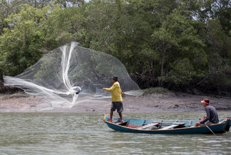 A person on a boat throws a fishing net over a stream, as another person on the boat looks on.