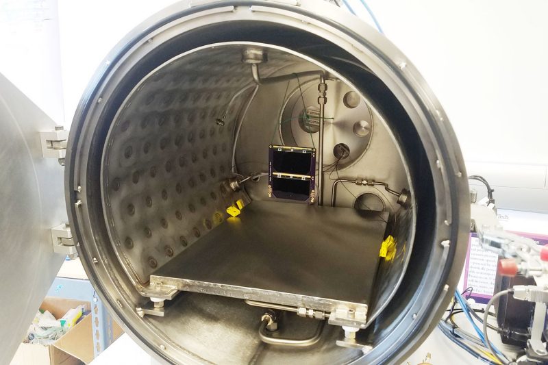 A solar panel ready to be tested in a thermal vacuum chamber