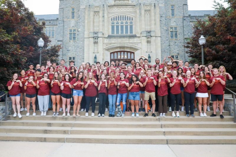 CEED Peer Mentors standing on the steps of Burruss Hall with everyone making a V-T with their fingers