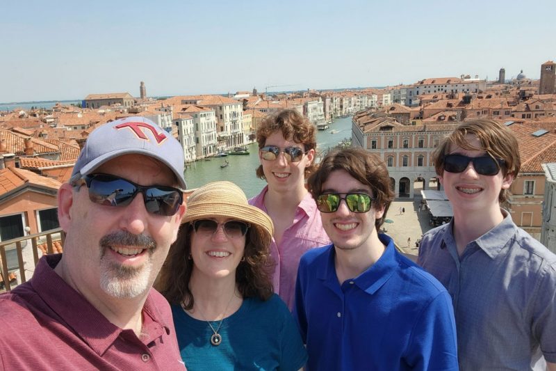 Jaisen Kohmuench with his family in Venice, Italy. Pictured from left are Jaisen, Kathy, Nick, Jake, and Nate.