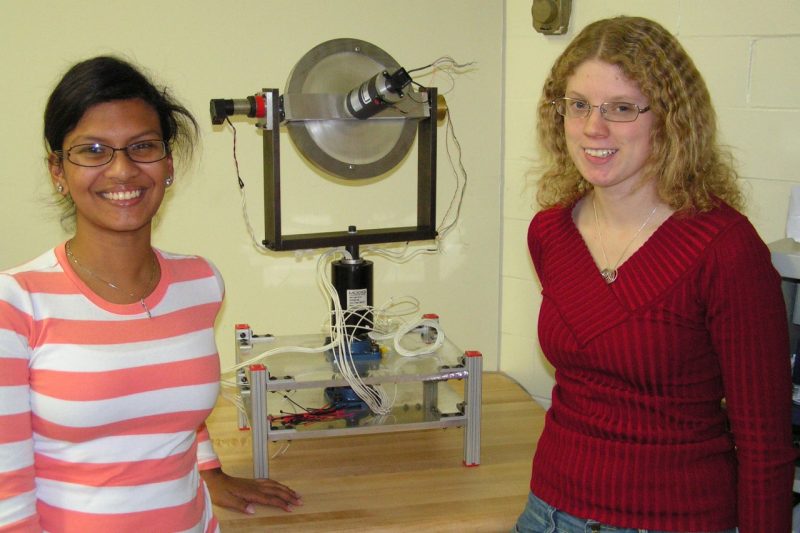 Tiasha Khan working in the Nonlinear Systems Lab with another person.