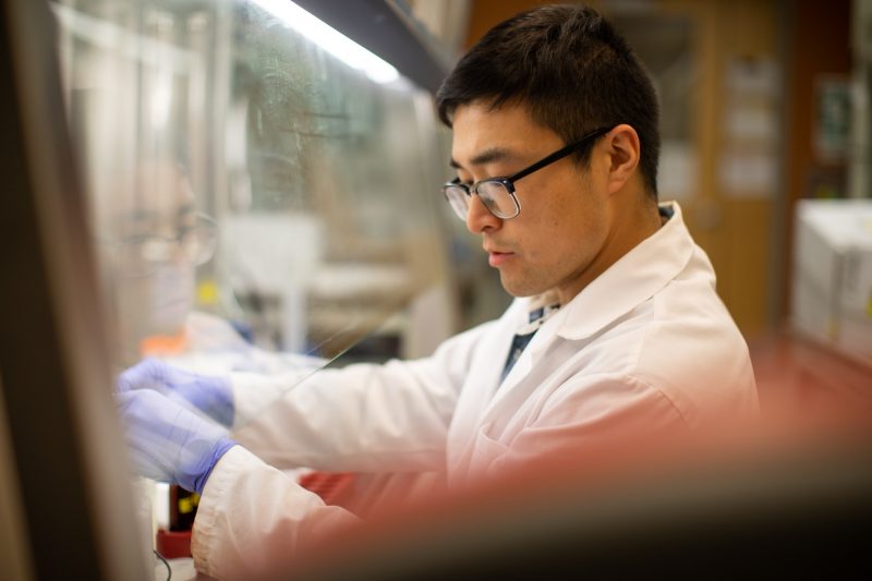 A doctoral student works on a legionella experiment.