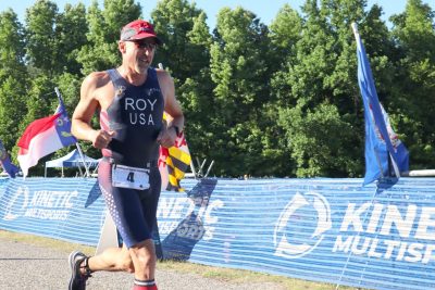Chris Roy near the finish, and running in a triathlon.