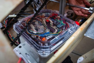 Closeup of the water tight plastic electronics box.