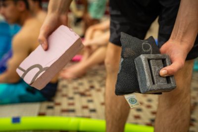 Closeup of weights and foam used to balance the sub as it floats.